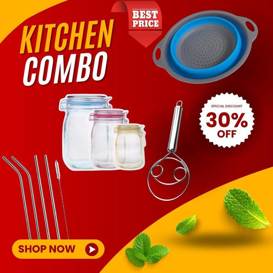 Kitchen Combo (Dough Wishker +Silicone Strainer+Stainless Steel Straws+ Jar Shaped Pouch)