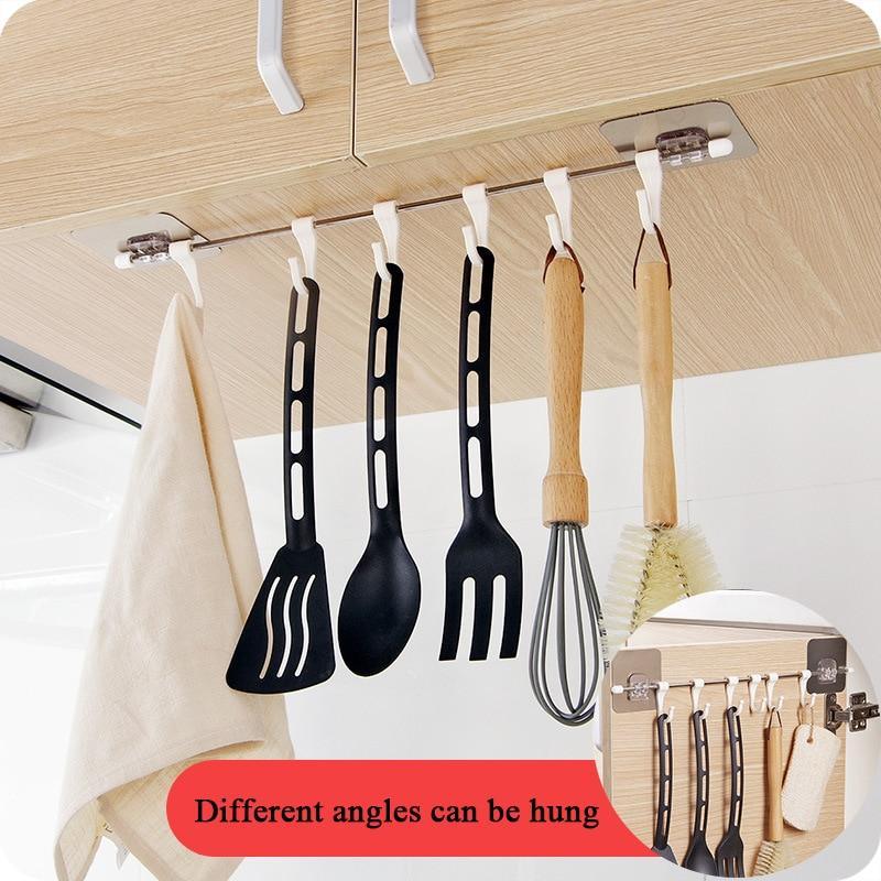 No Drill Stainless Steel 6 Hook Kitchen Organizer - GadgetsCay