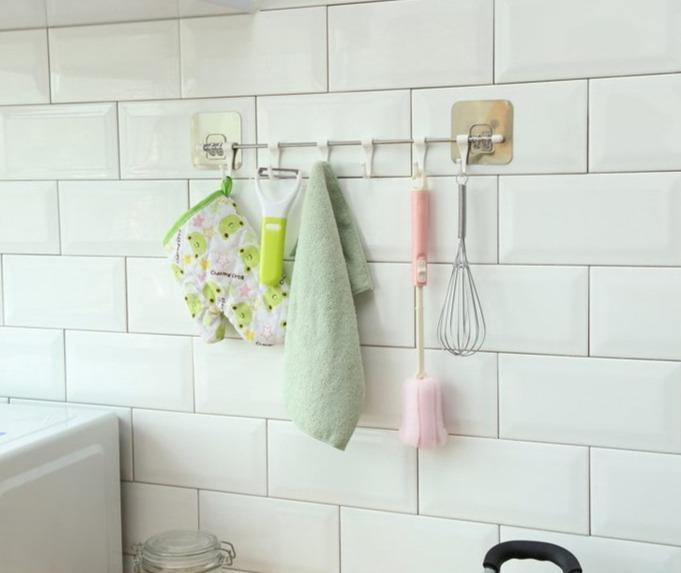 No Drill Stainless Steel 6 Hook Kitchen Organizer - GadgetsCay